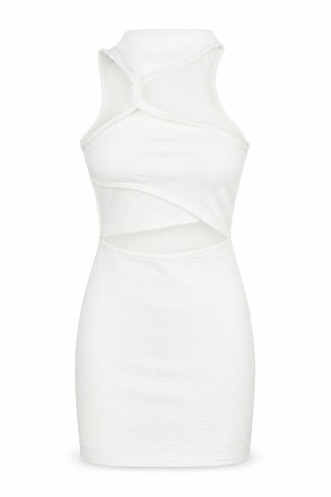 Front view of PRETTYLITTLETHING women’s white polyester bodycon, size UK 10, mock neck pullover - cut out twist front