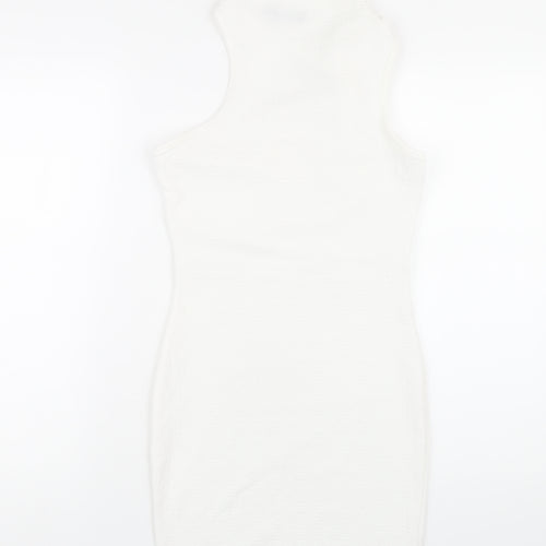 PRETTYLITTLETHING Womens White Polyester Bodycon Size 10 Mock Neck Pullover - Cut Out Twist Front