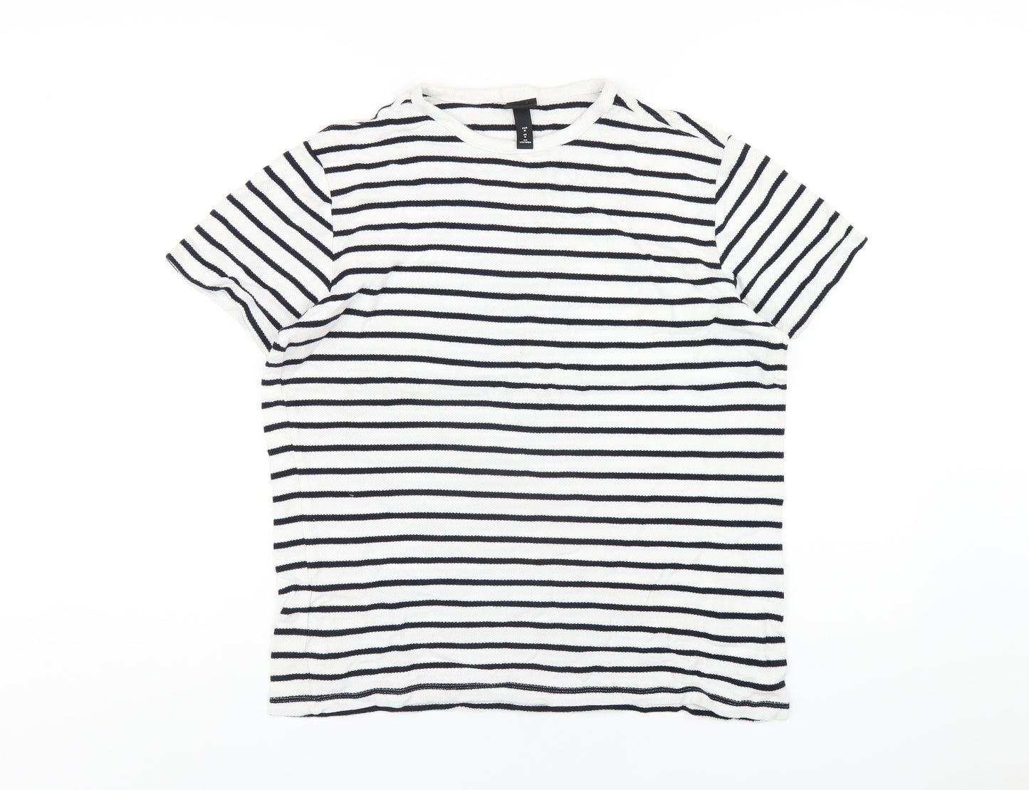 H&M Womens White Striped Cotton Basic T-Shirt Size M Round Neck