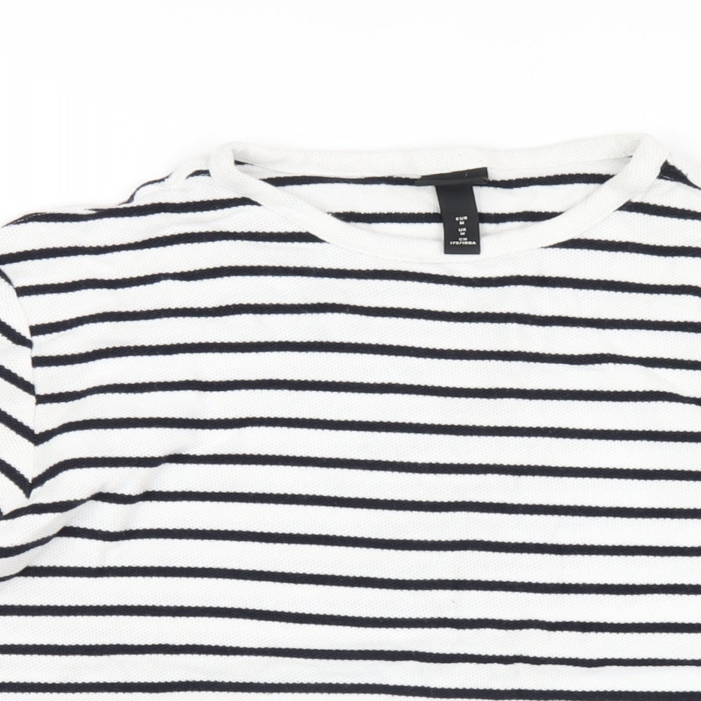 H&M Womens White Striped Cotton Basic T-Shirt Size M Round Neck