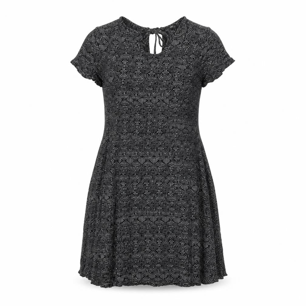 Front view of H&M women’s black geometric viscose a-line, size UK 4, round neck tie
