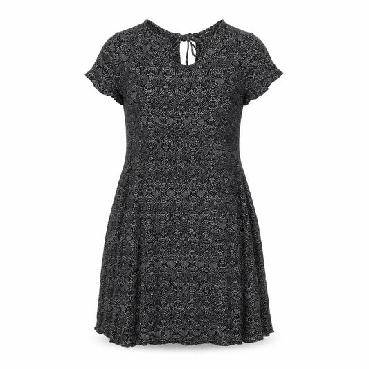 Front view of H&M women’s black geometric viscose a-line, size UK 4, round neck tie