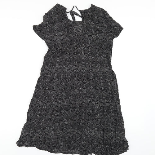H&M Womens Black Geometric Viscose A-Line Size 4 Round Neck Tie