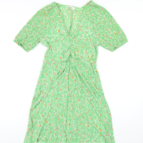 Mago Womens Green Floral Polyester A-Line Size S V-Neck Pullover