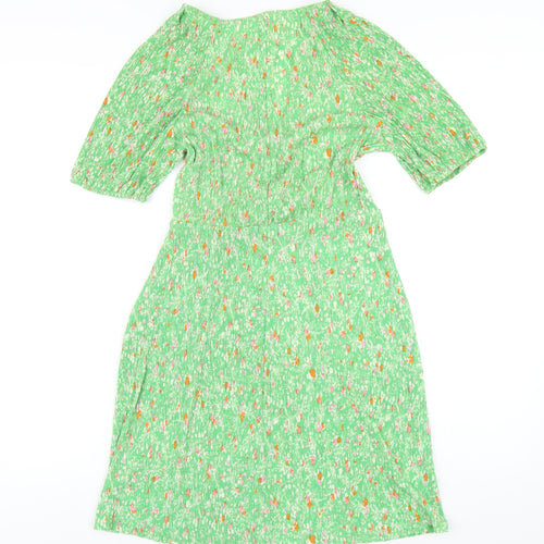 Mago Womens Green Floral Polyester A-Line Size S V-Neck Pullover