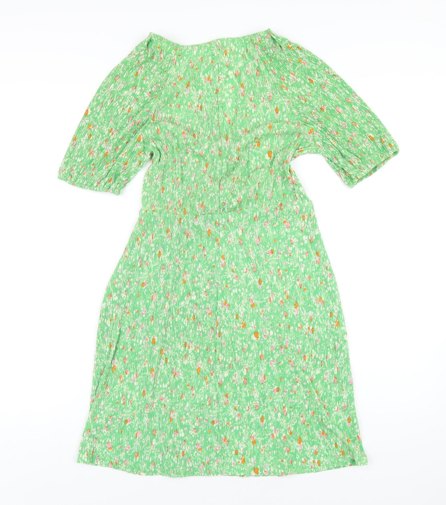 Mago Womens Green Floral Polyester A-Line Size S V-Neck Pullover