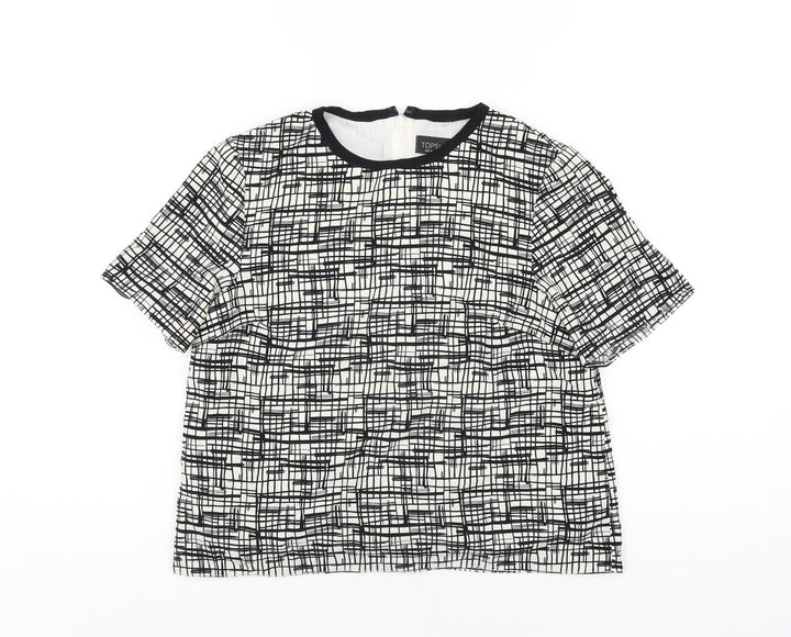 Topshop Womens Black Geometric Polyester Basic T-Shirt Size 6 Round Neck