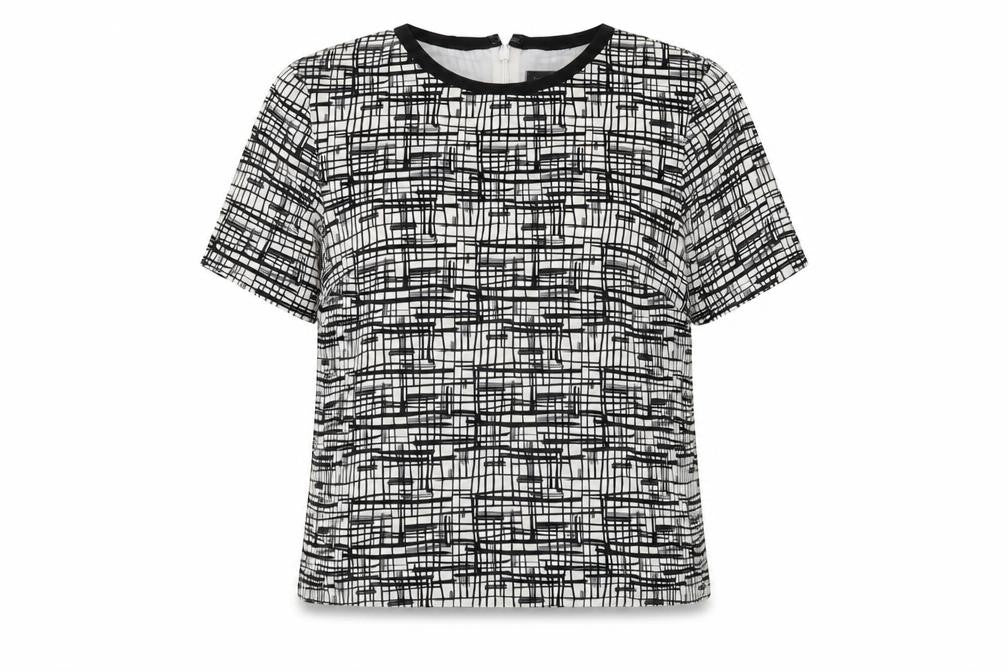Front view of Topshop women’s black geometric polyester basic t-shirt, size UK 6, round neck