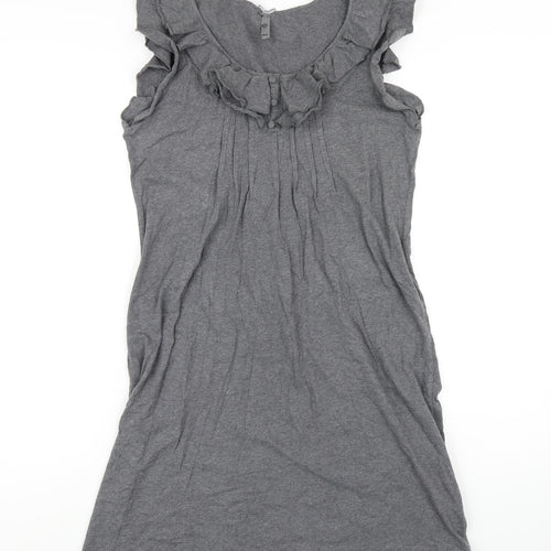 NEXT Womens Grey Cotton A-Line Size 12 Scoop Neck Pullover - Ruffle Neckline