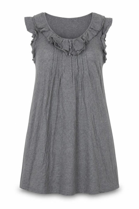 Front view of Next women’s grey cotton a-line, size UK 12, scoop neck pullover - ruffle neckline