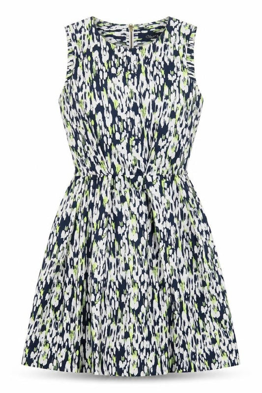 Front view of Closet Blu women’s multicoloured geometric polyester a-line, size UK 8, round neck zip