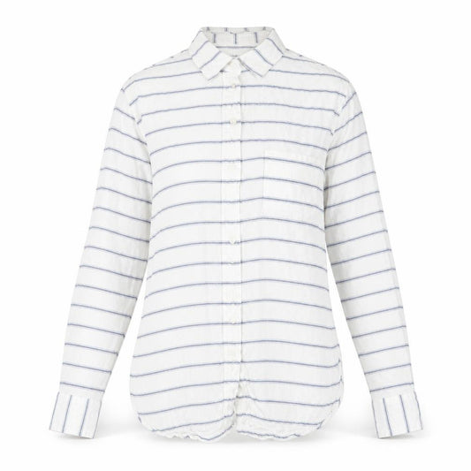 Front view of American Eagle Outfitters women’s white striped viscose basic button-up, size XS, collared