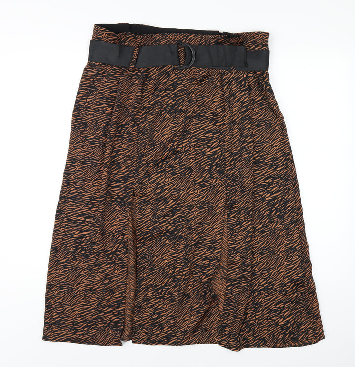 Zara Womens Brown Animal Print Polyester A-Line Skirt Size XL Zip