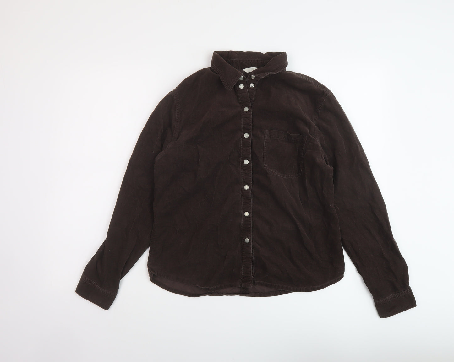 Marks and Spencer Womens Brown Cotton Basic Button-Up Size 14 Collared