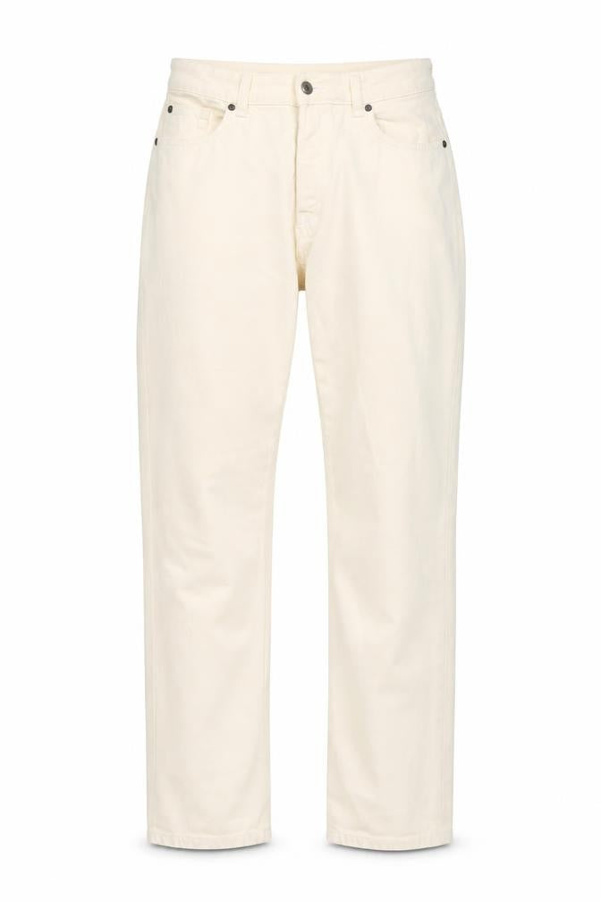 Front view of H&M women’s beige cotton straight jeans, size UK 14, 29-inch leg regular button