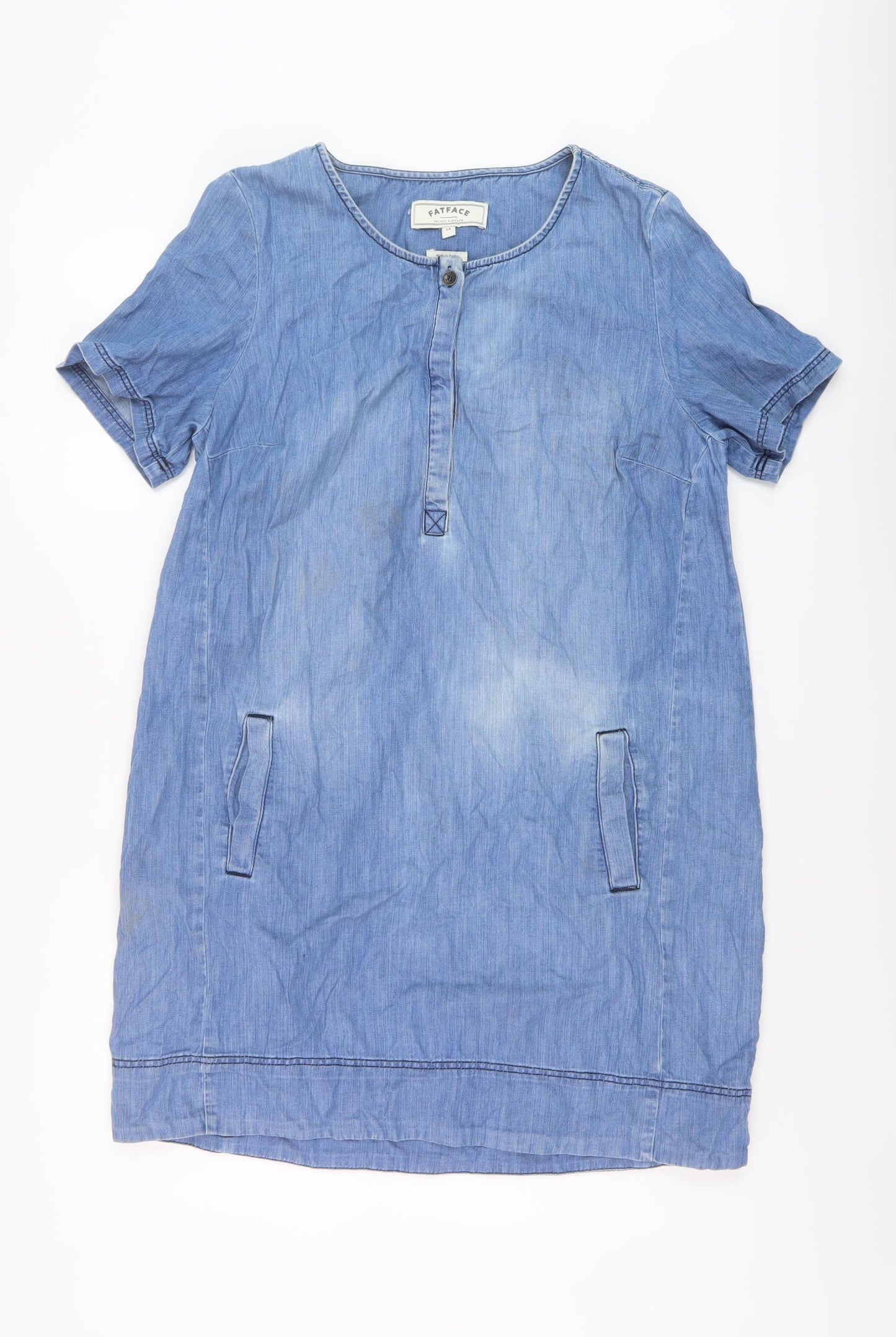 Fat Face Womens Blue Cotton A-Line Size 14 Round Neck Button