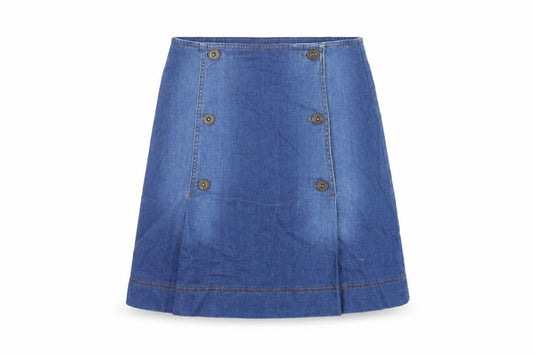 Front view of Oasis women’s blue cotton a-line skirt, size UK 10, button