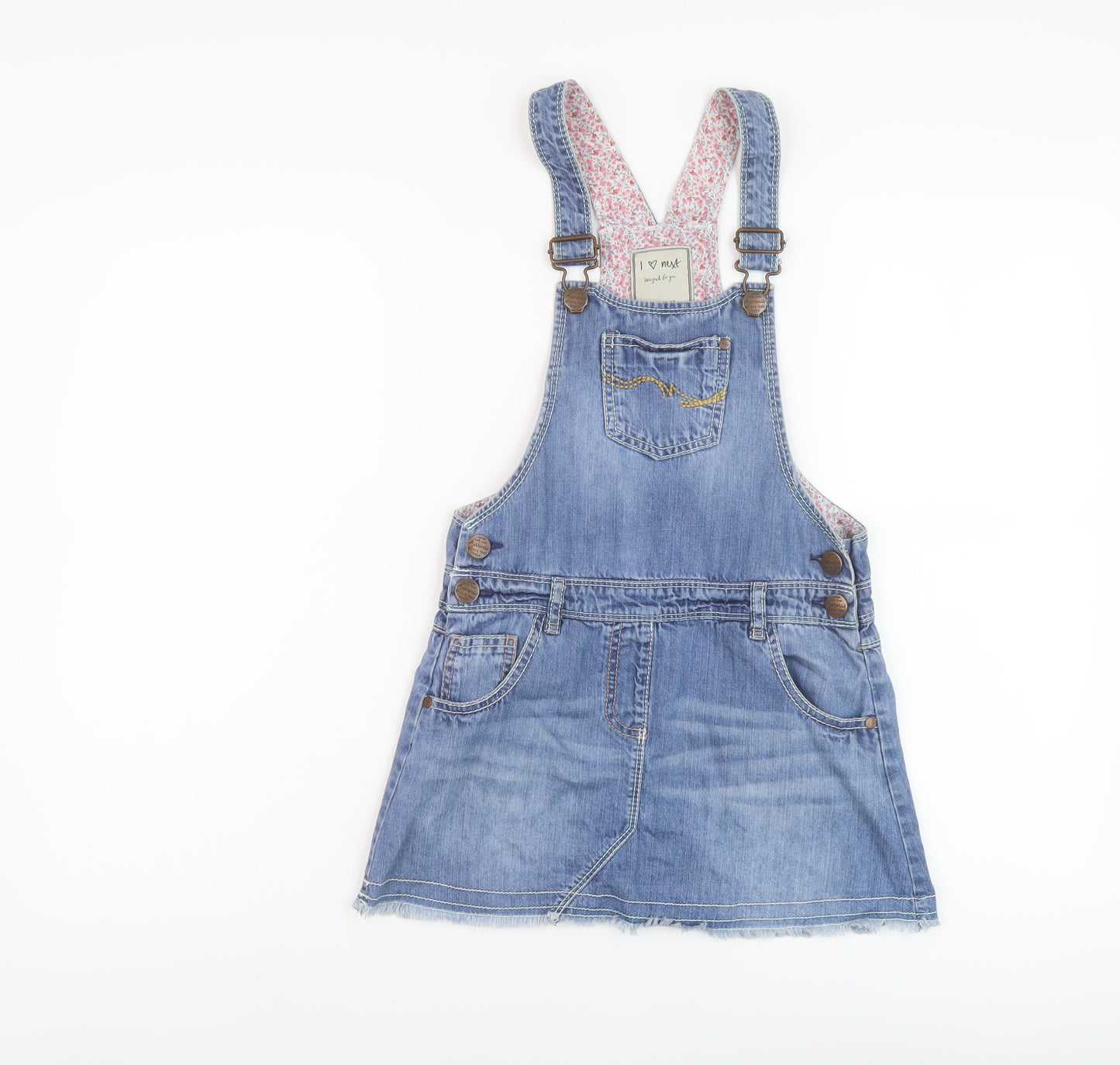 NEXT Girls Blue Cotton Pinafore/Dungaree Dress Size 8 Years Square Neck Button