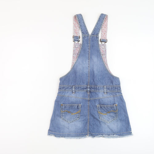 NEXT Girls Blue Cotton Pinafore/Dungaree Dress Size 8 Years Square Neck Button