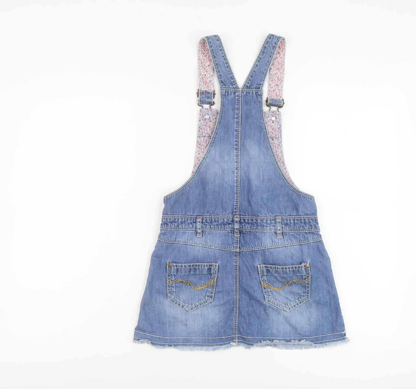 NEXT Girls Blue Cotton Pinafore/Dungaree Dress Size 8 Years Square Neck Button