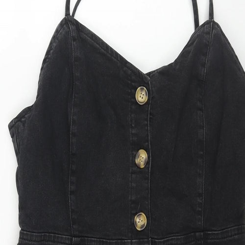 Denim & Co. Womens Black Cotton Mini Size 14 Sweetheart Button
