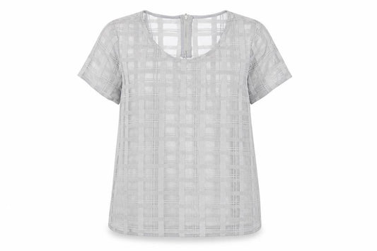 Front view of Next women’s grey check polyester basic blouse, size UK 16, round neck - semi sheer