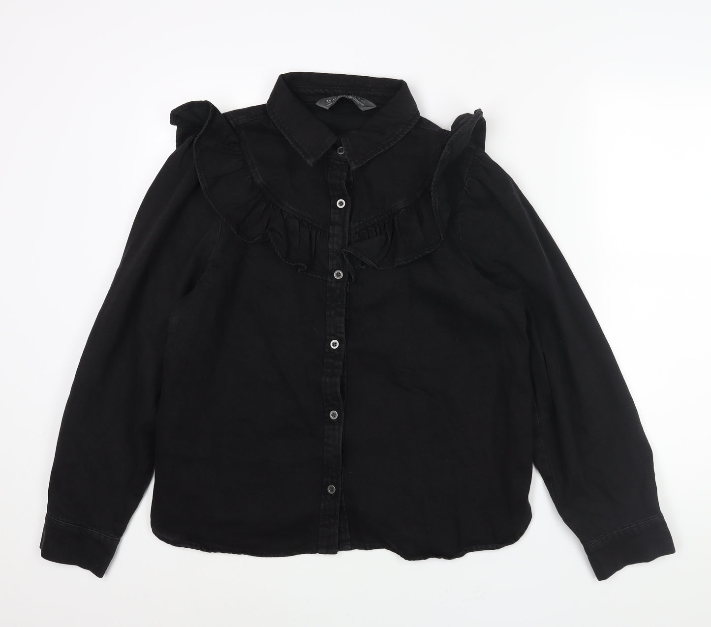 Denim & Co. Womens Black Cotton Basic Button-Up Size 14 Collared - Frill