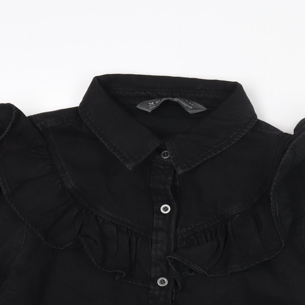 Denim & Co. Womens Black Cotton Basic Button-Up Size 14 Collared - Frill