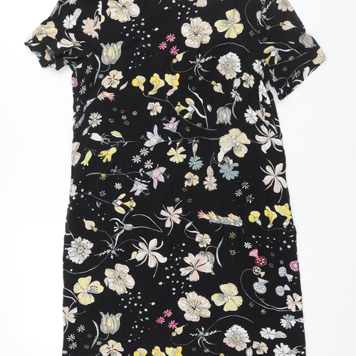H&M Womens Black Geometric Viscose Shift Size 8 Round Neck Button - Floral Print