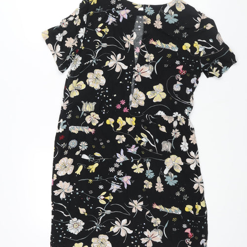 H&M Womens Black Geometric Viscose Shift Size 8 Round Neck Button - Floral Print