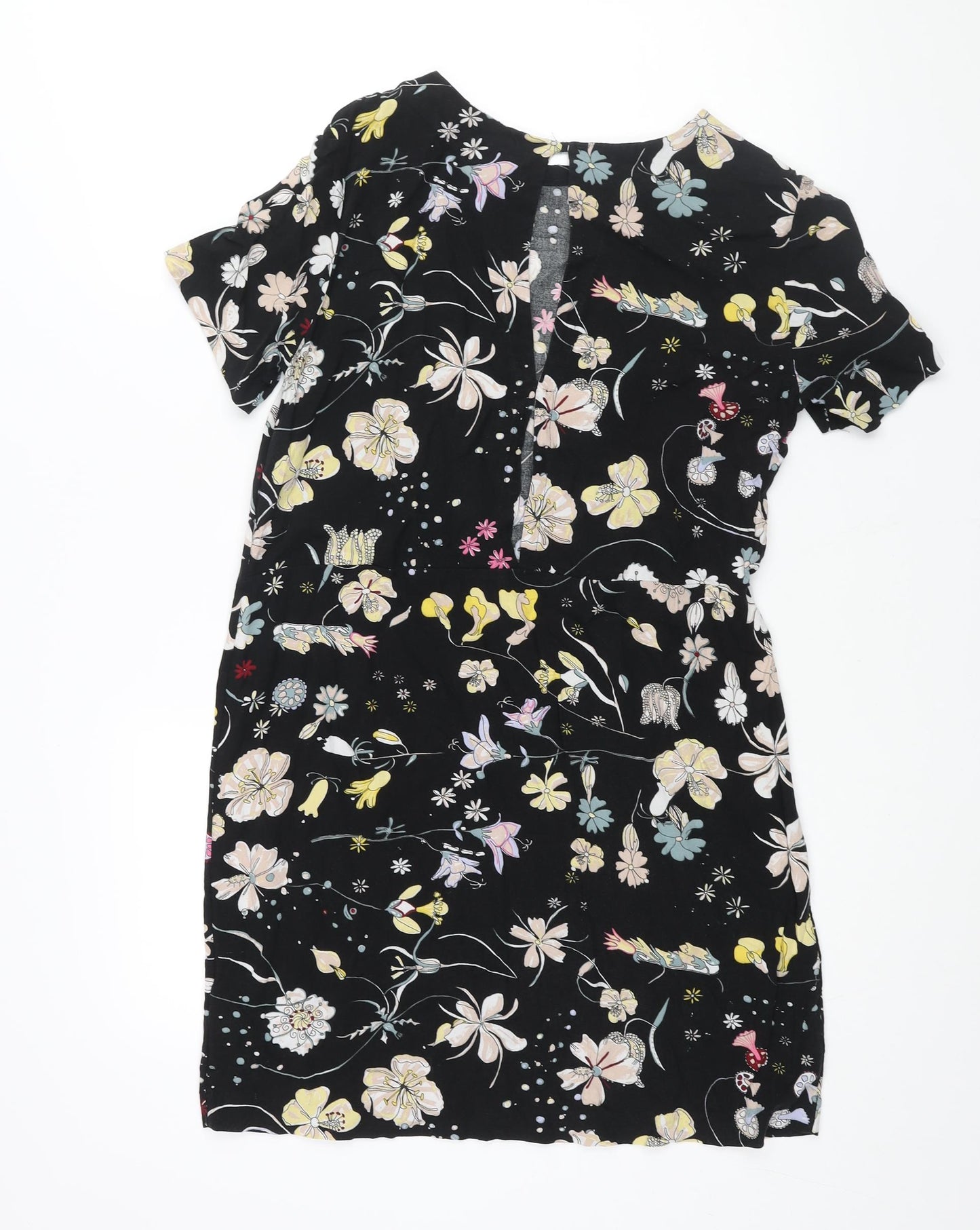 H&M Womens Black Geometric Viscose Shift Size 8 Round Neck Button - Floral Print
