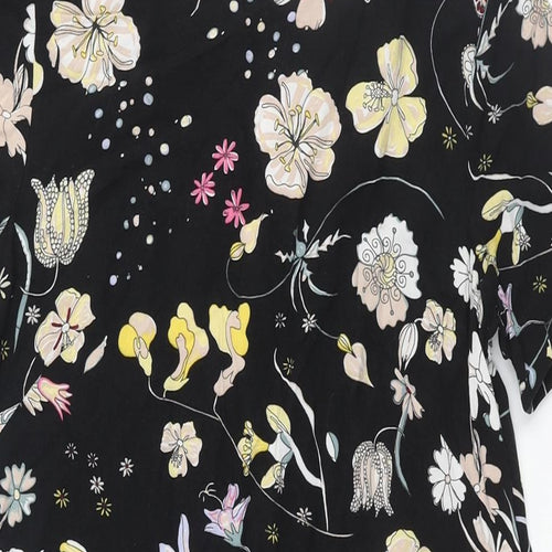 H&M Womens Black Geometric Viscose Shift Size 8 Round Neck Button - Floral Print