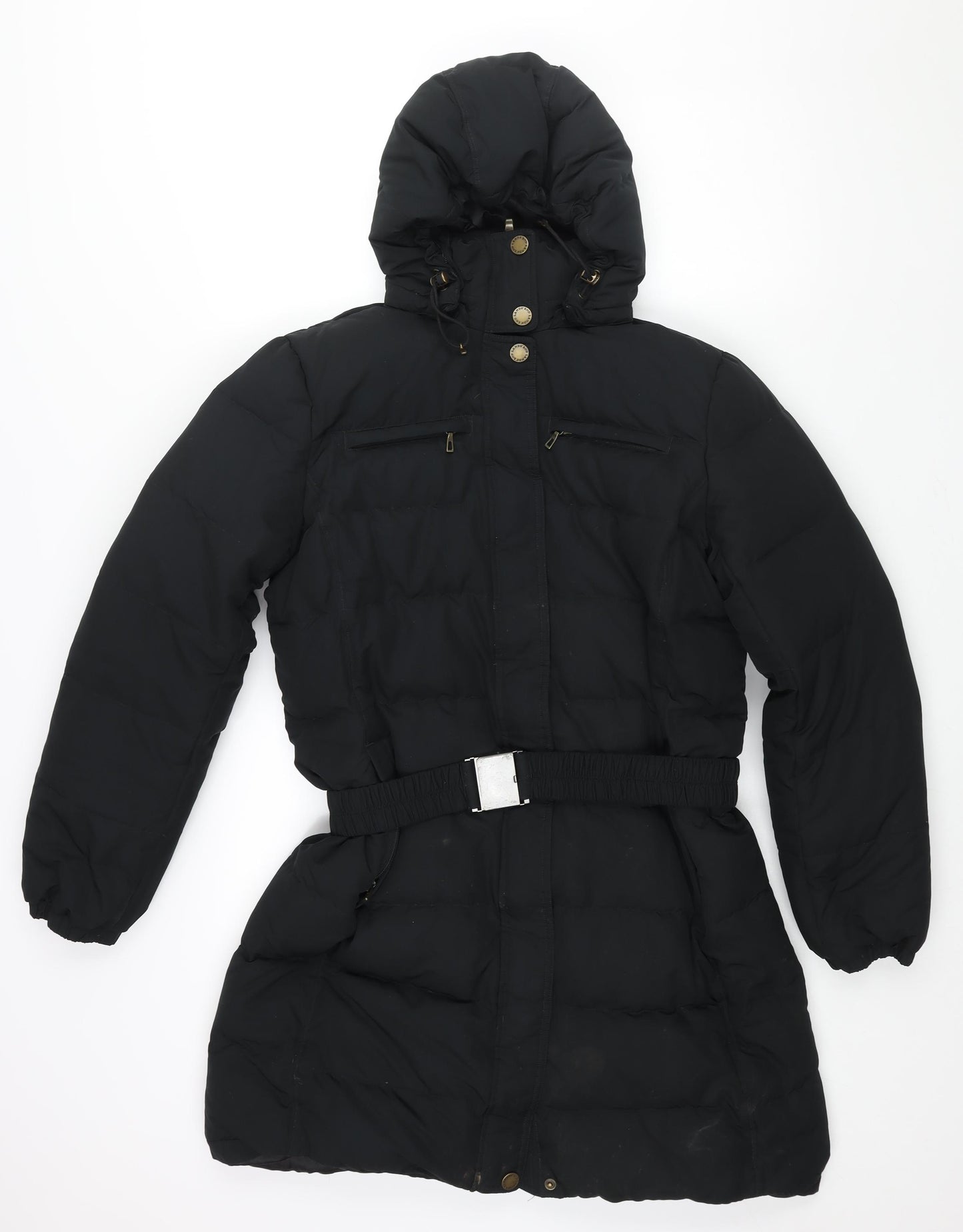 Lands' End Womens Black Puffer Jacket Coat Size M Snap - Belted