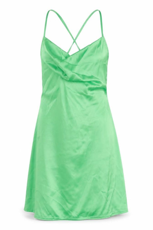 Front view of PRETTYLITTLETHING women’s green polyester slip dress, size UK 12, cowl neck pullover