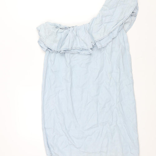 New Look Womens Blue Lyocell Shift Size 12 One Shoulder Pullover - Frill