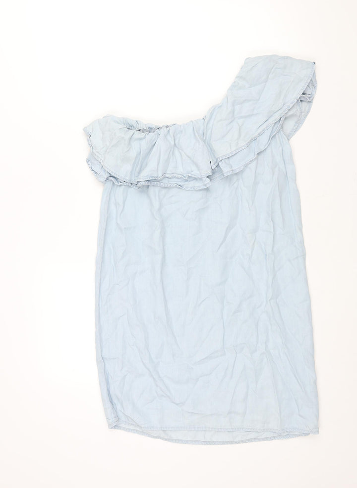 New Look Womens Blue Lyocell Shift Size 12 One Shoulder Pullover - Frill