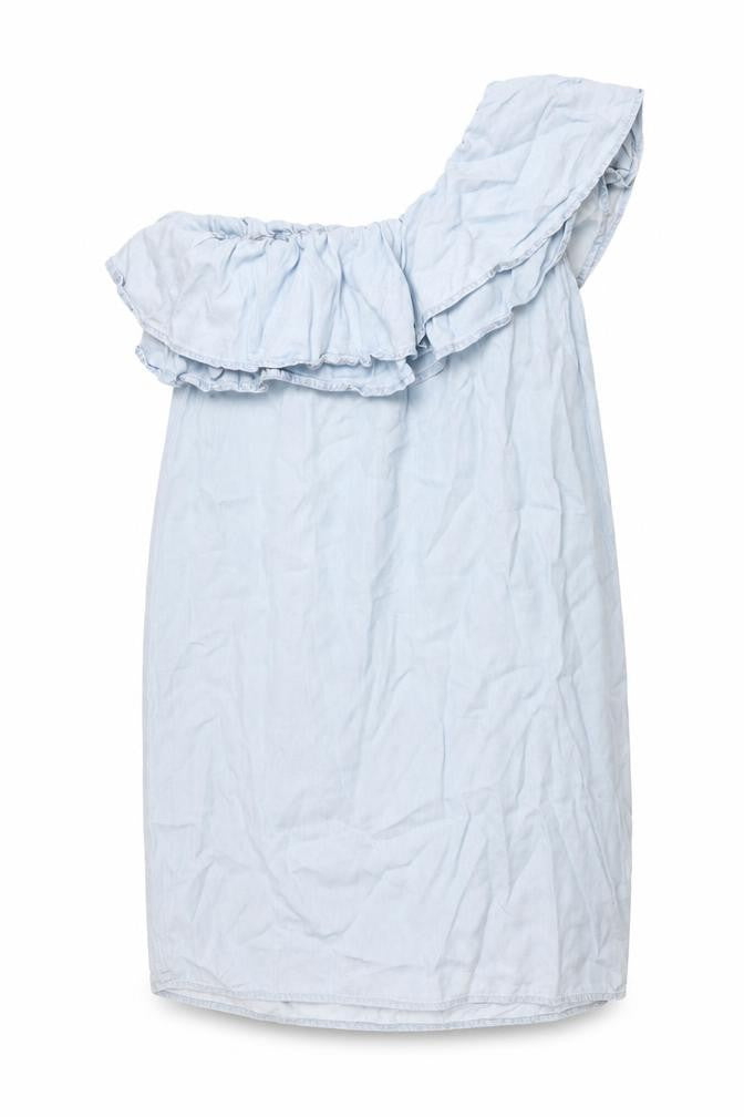 Front view of New Look women’s blue lyocell shift, size UK 12, one shoulder pullover - frill