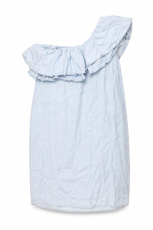 Front view of New Look women’s blue lyocell shift, size UK 12, one shoulder pullover - frill