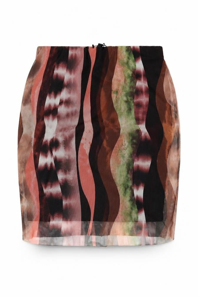 Front view of PRETTYLITTLETHING women’s multicoloured geometric polyester mini skirt, size UK 6