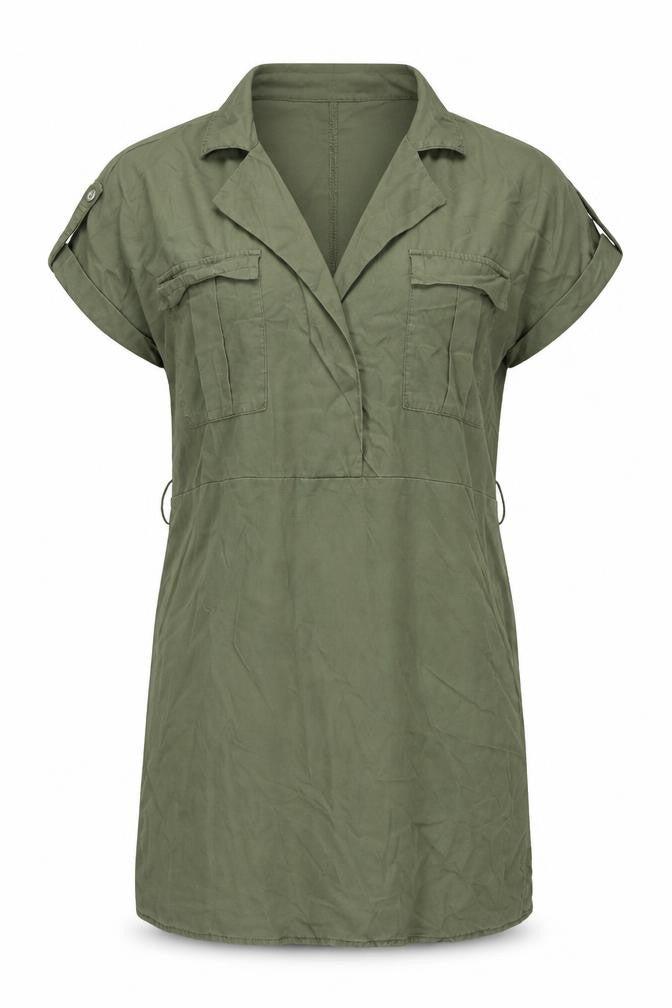 Front view of Noisy May women’s green lyocell sheath, size L, collared drawstring
