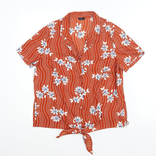 M&Co Womens Orange Geometric Polyester Basic Button-Up Size 12 Collared - Tie Detail Floral Print
