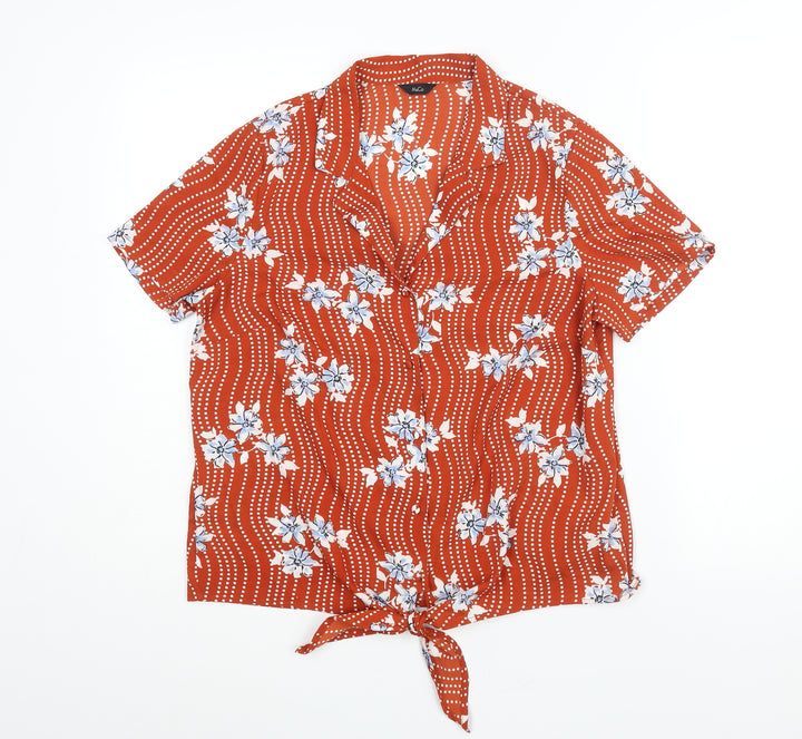 M&Co Womens Orange Geometric Polyester Basic Button-Up Size 12 Collared - Tie Detail Floral Print