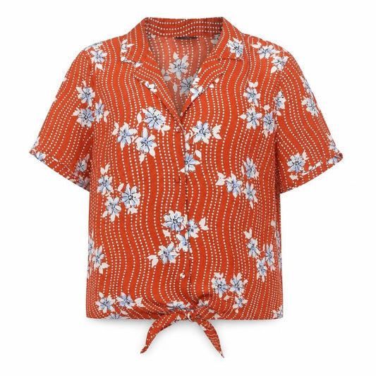 Front view of M&Co women’s orange geometric polyester basic button-up, size UK 12, collared - tie detail floral print