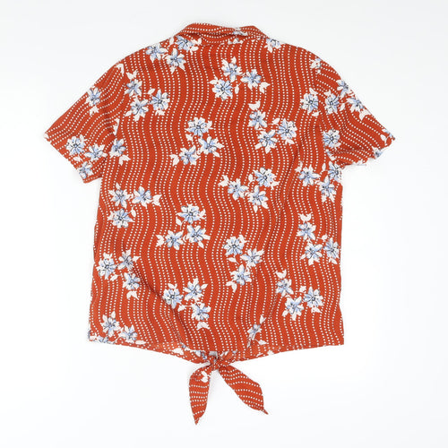 M&Co Womens Orange Geometric Polyester Basic Button-Up Size 12 Collared - Tie Detail Floral Print