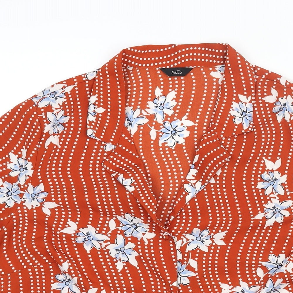 M&Co Womens Orange Geometric Polyester Basic Button-Up Size 12 Collared - Tie Detail Floral Print
