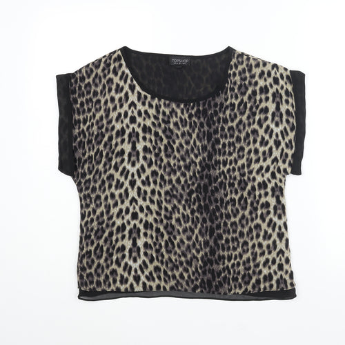 Topshop Womens Beige Animal Print Polyester Basic Blouse Size 8 Round Neck - Leopard Print