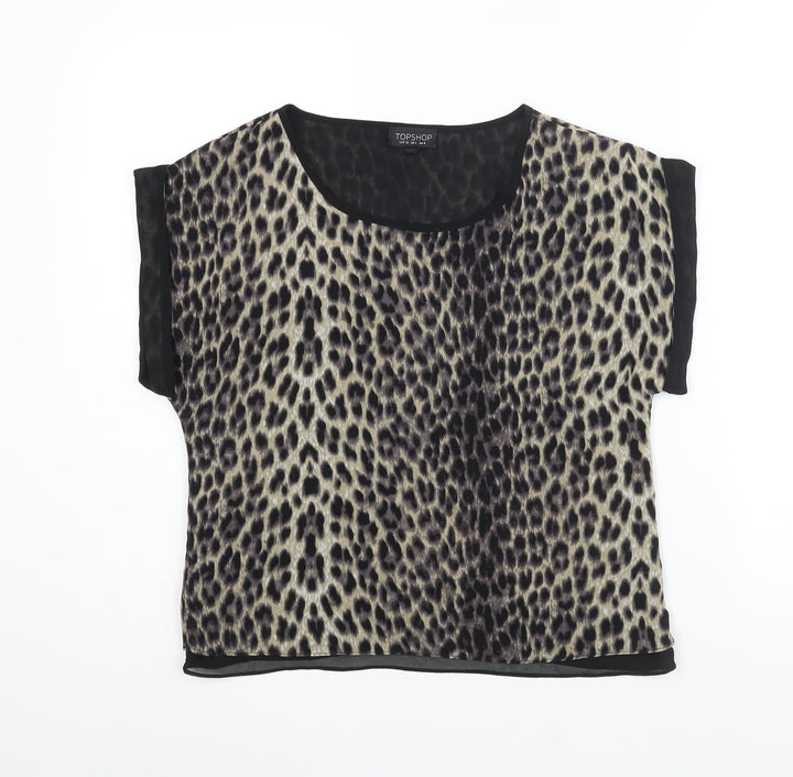 Topshop Womens Beige Animal Print Polyester Basic Blouse Size 8 Round Neck - Leopard Print