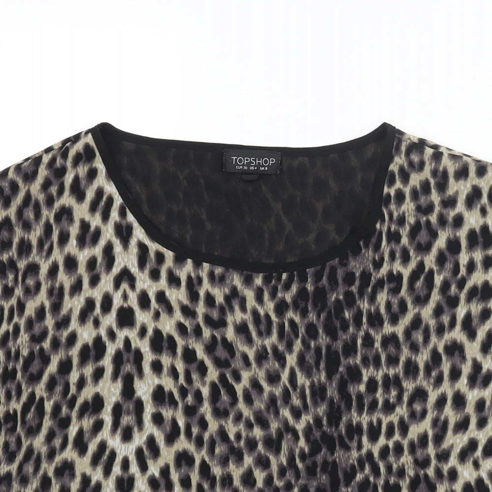 Topshop Womens Beige Animal Print Polyester Basic Blouse Size 8 Round Neck - Leopard Print