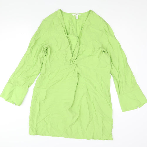 H&M Womens Green Viscose Shift Size S V-Neck Pullover - Twist Detail
