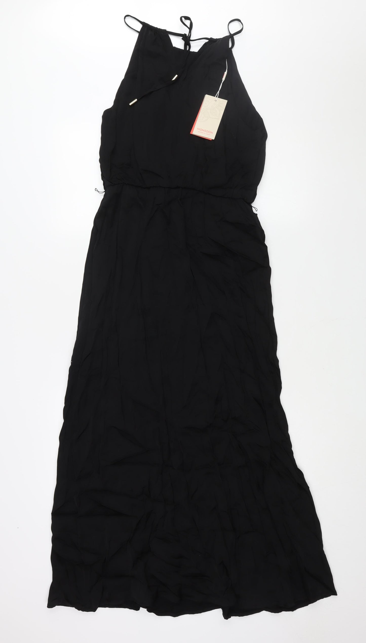 Monsoon Womens Black Viscose Maxi Size 10 Round Neck Tie